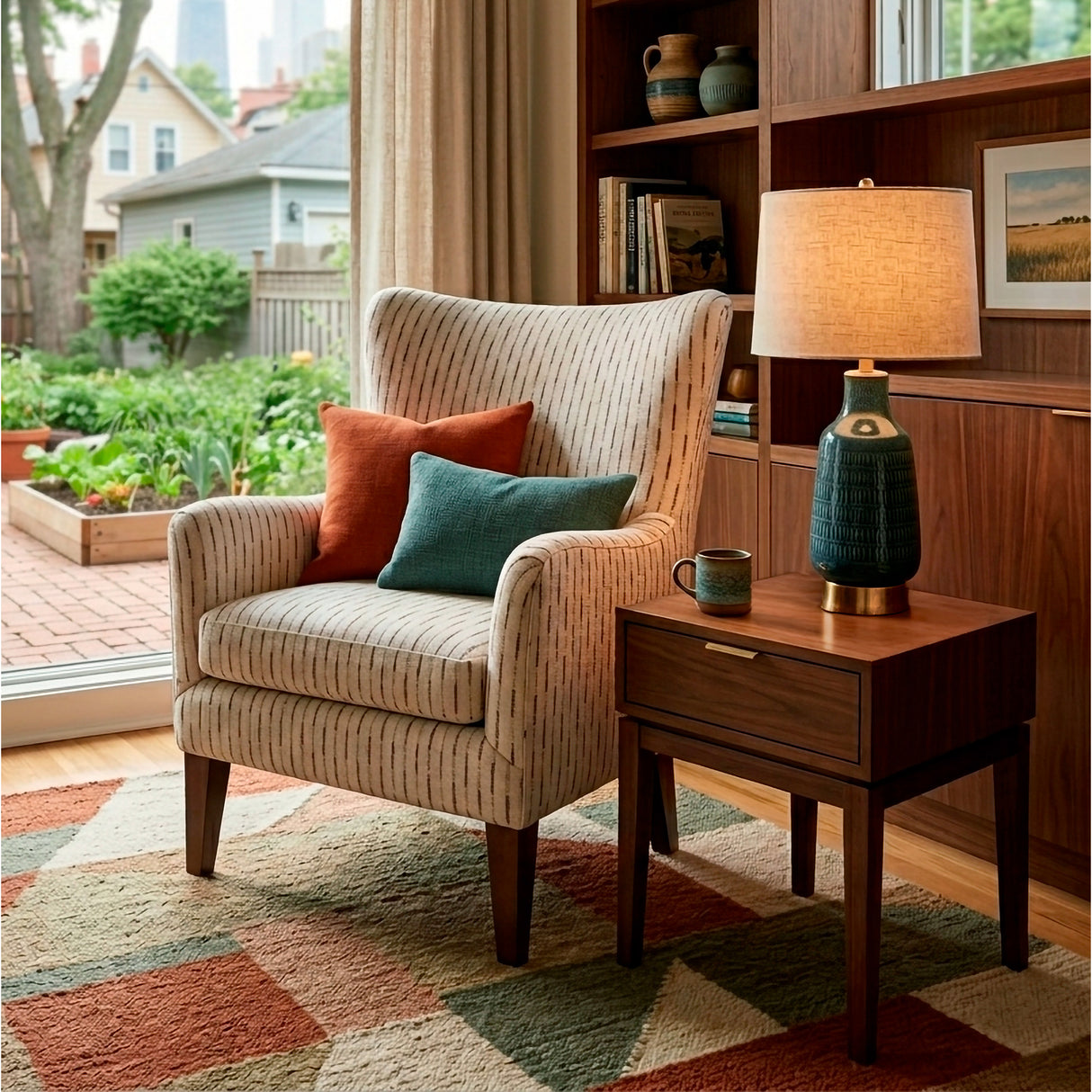 A room setting featuring Novae Cream Wing Chair