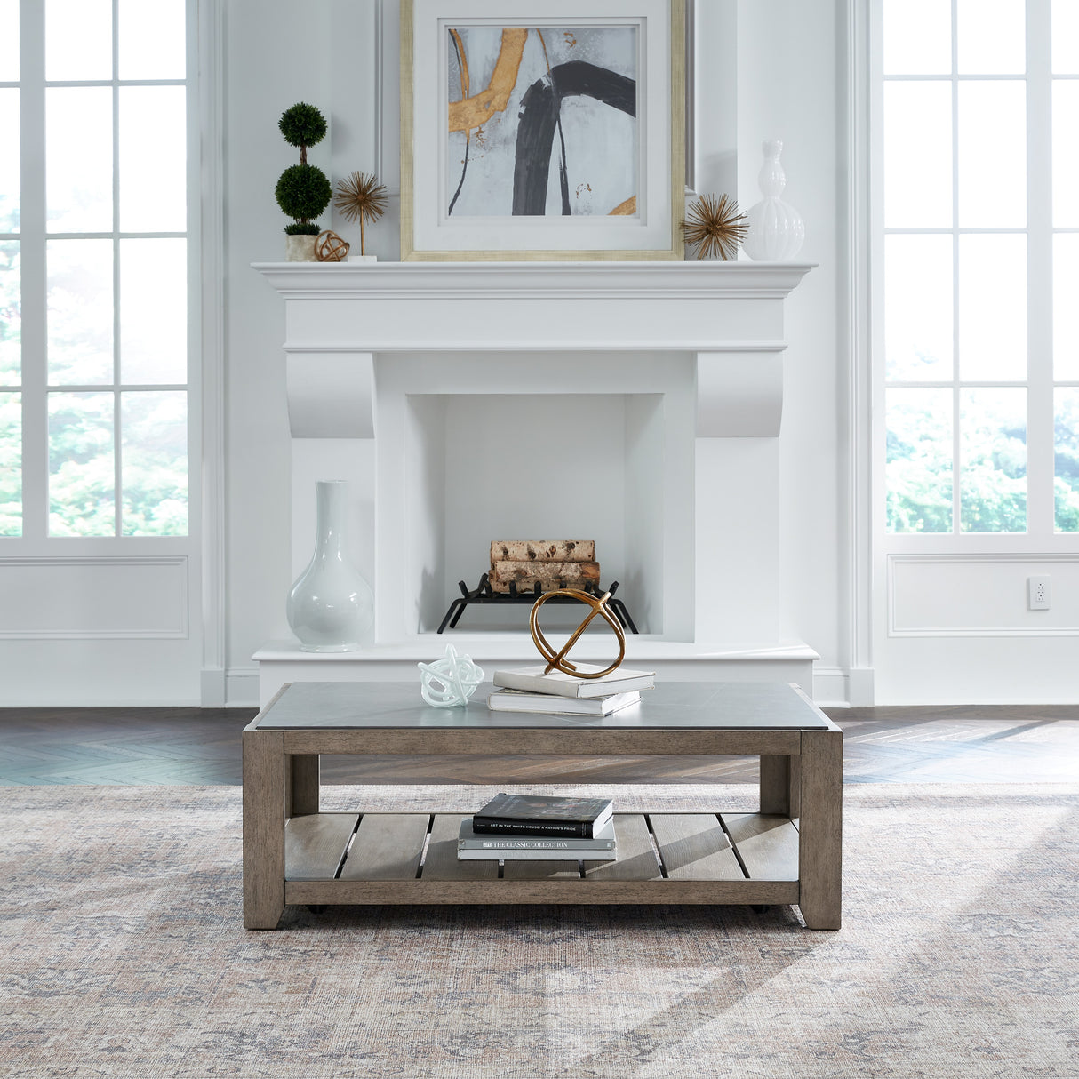 A room setting featuring Millstone Nutmeg Rectangular Cocktail Table
