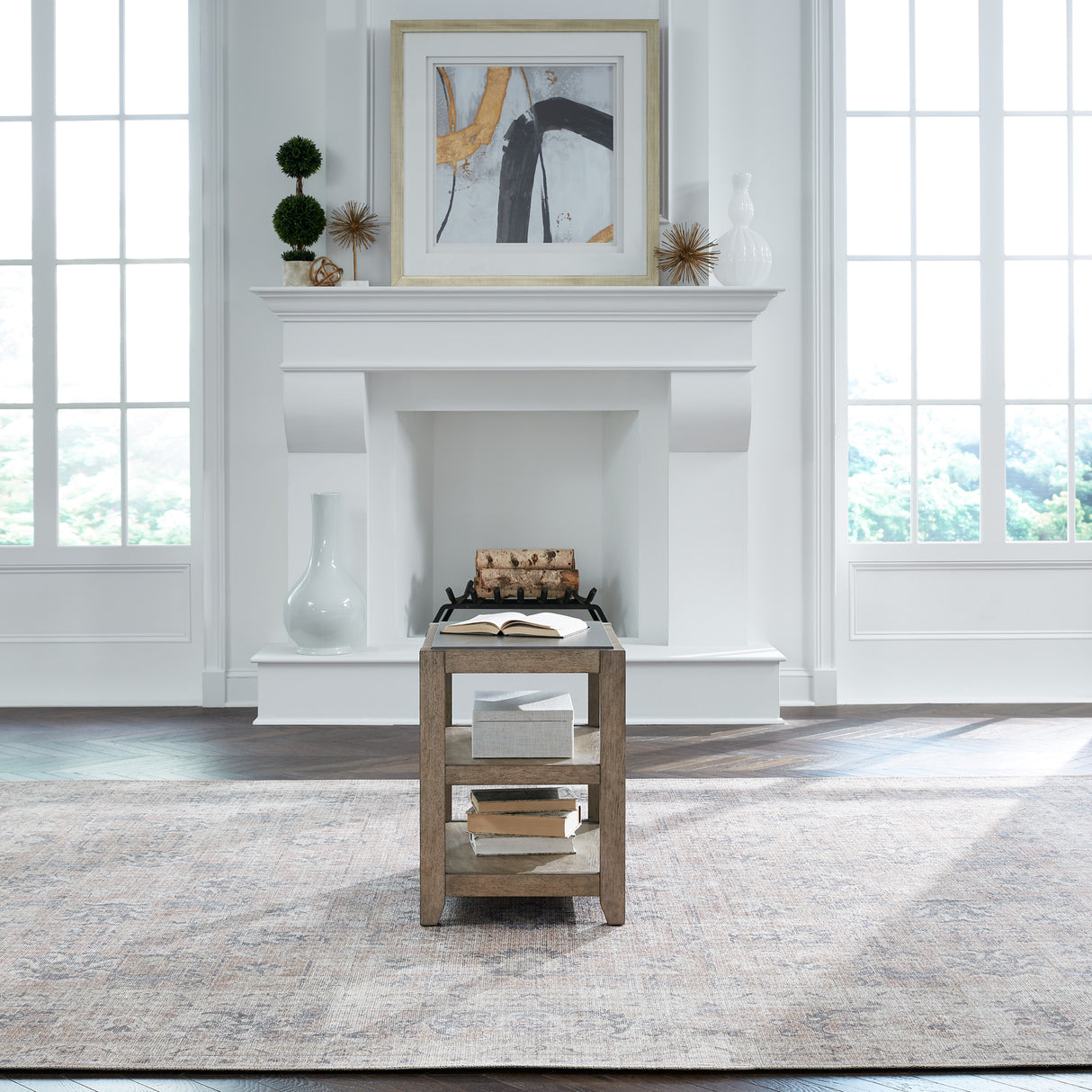 A room setting featuring Millstone Nutmeg Chairside Table