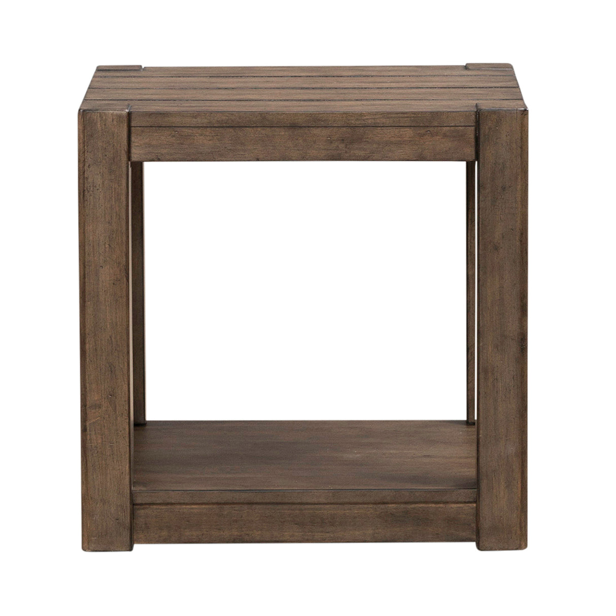 Side view of Broadmore Cobblestone Brown Square Chairside Table