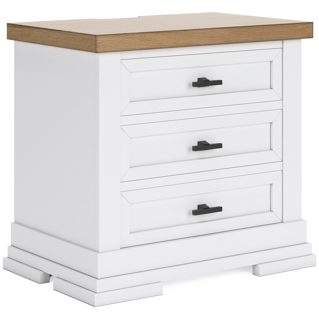 White dresser with three drawers and a wooden top on a white background