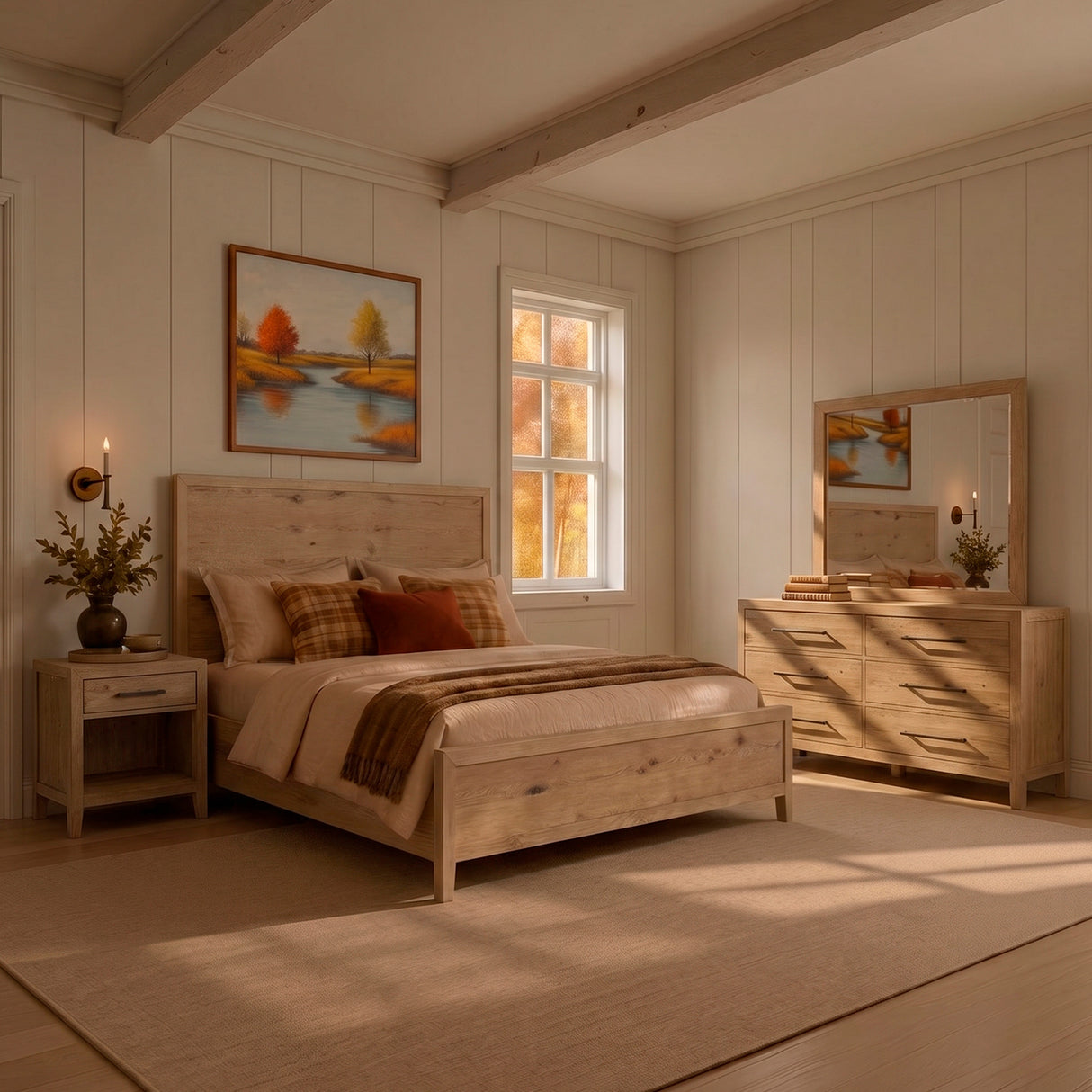 A room setting featuring Norwich Rustic Antique Oak Queen Panel Bed