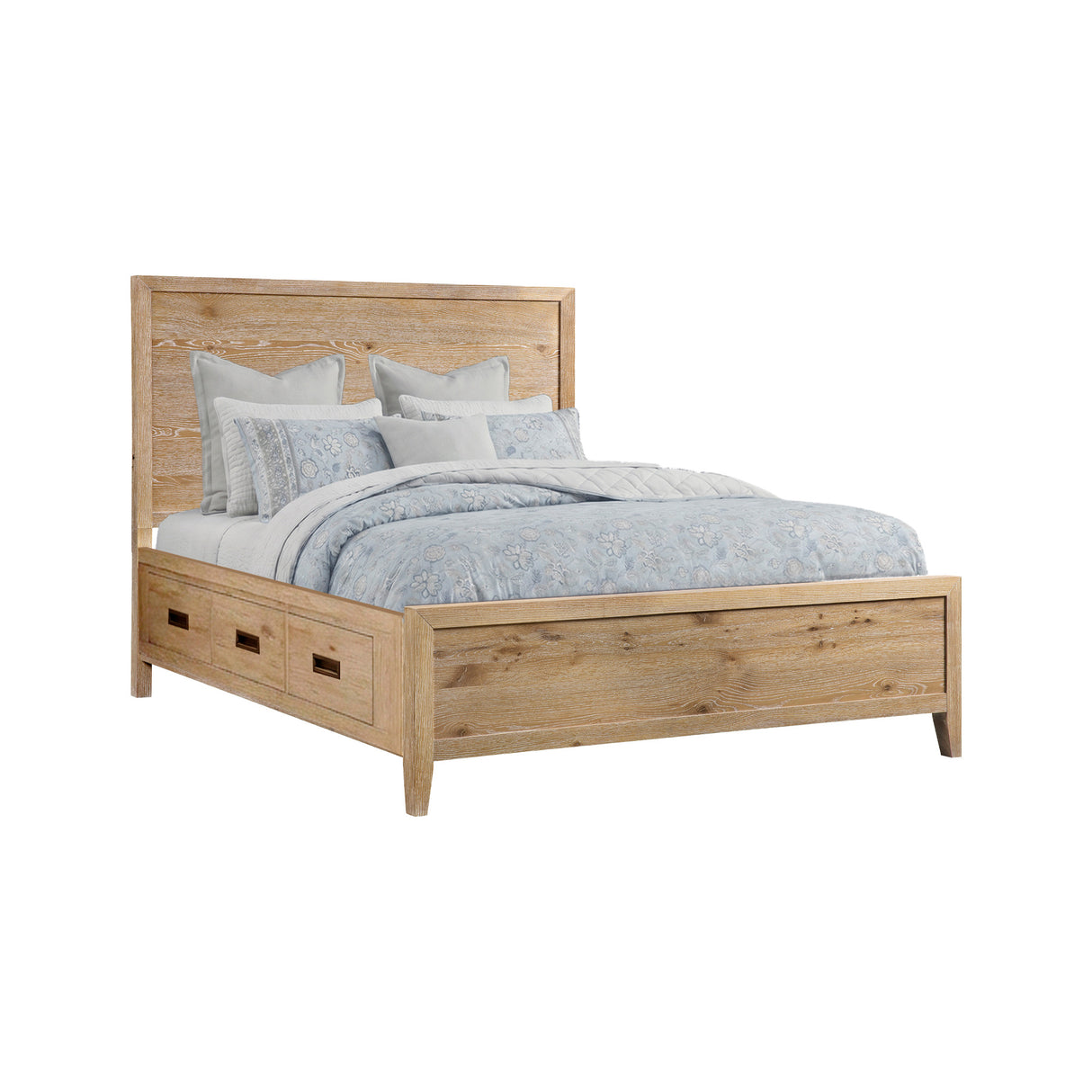 Front right view of Norwich Rustic Antique Oak Queen Storage Bed