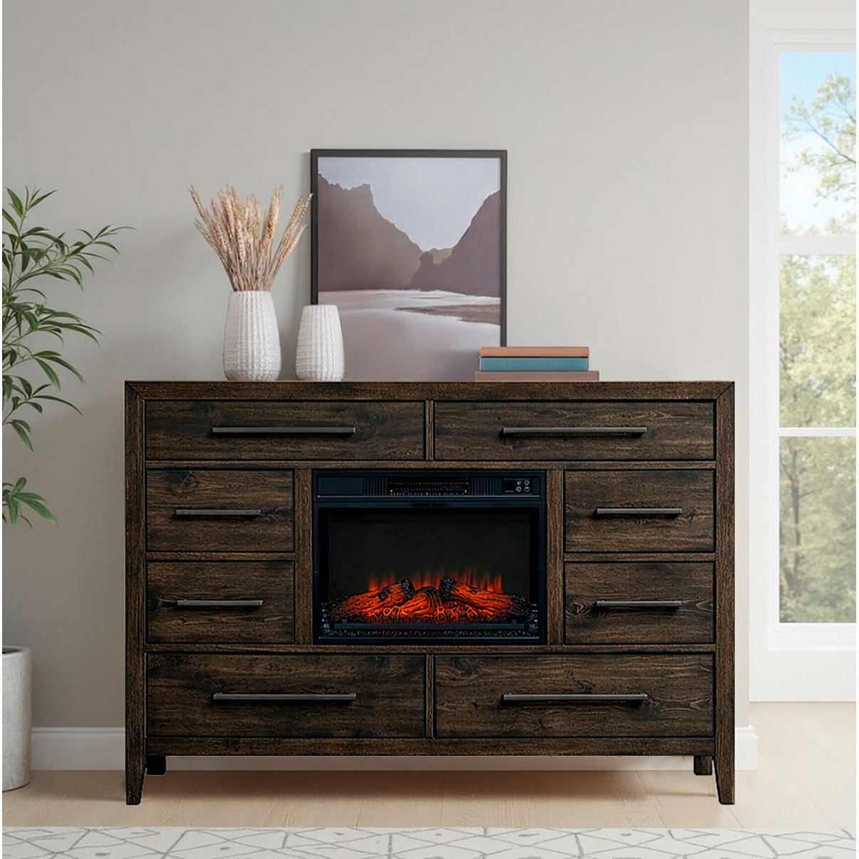 A room setting featuring Norwich Rustic Driftwood Oak Fireplace Chest