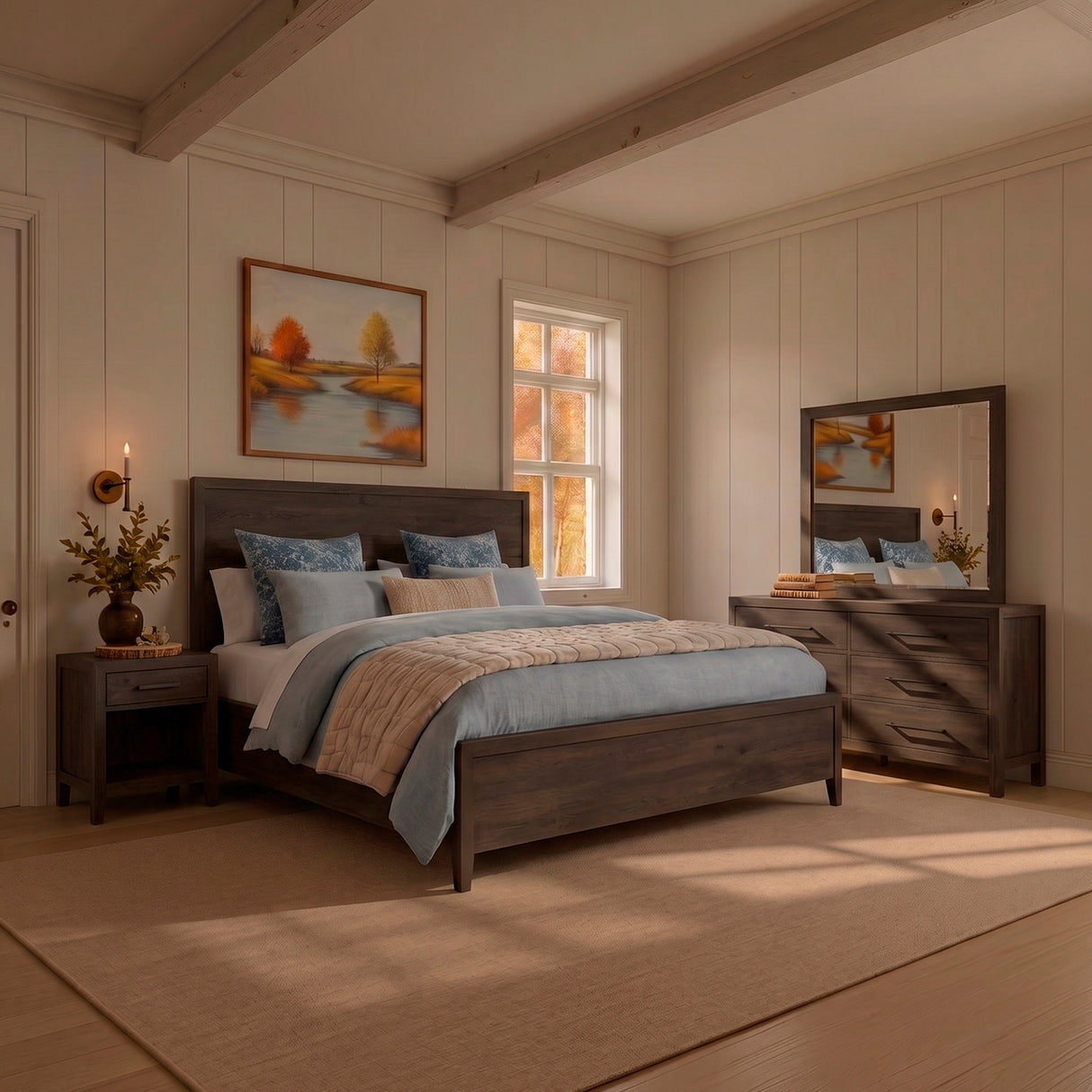 A room setting featuring Norwich Rustic Driftwood Oak King Panel Bed