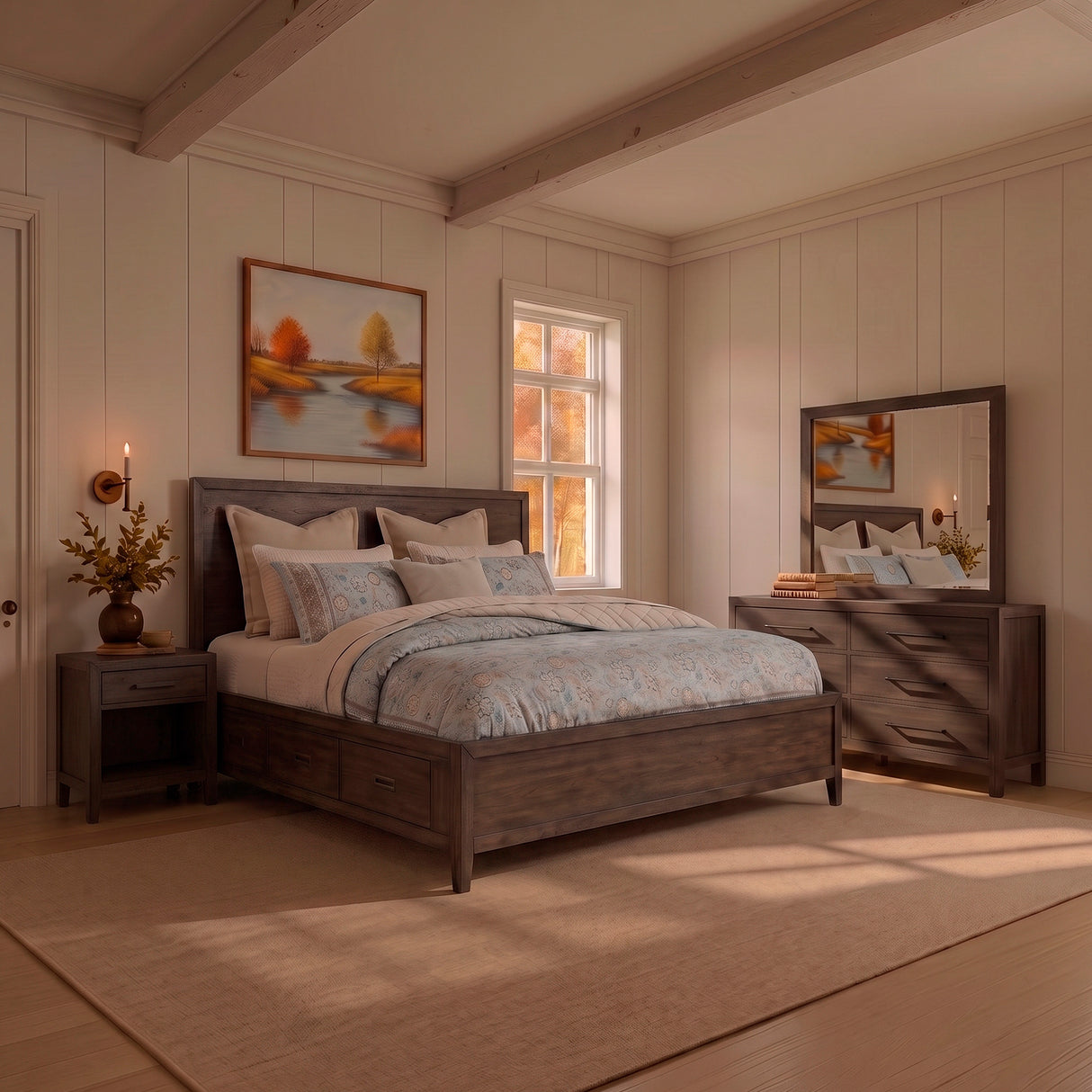 A room setting featuring Norwich Rustic Driftwood Oak King Storage Bed