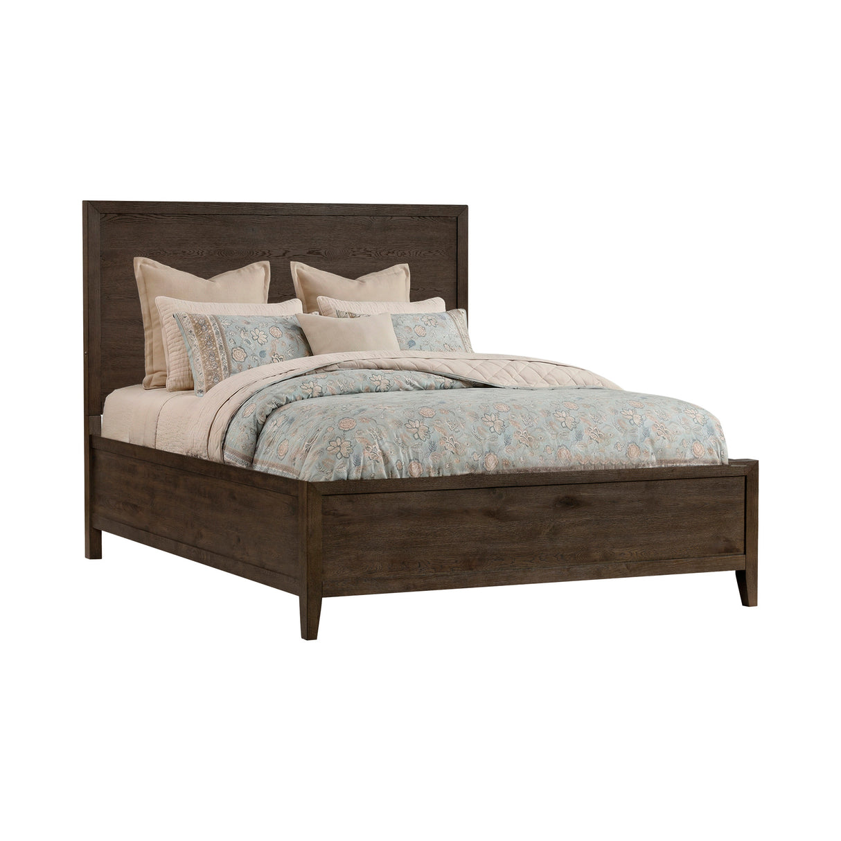 Front right view of Norwich Rustic Driftwood Oak Queen Panel Bed