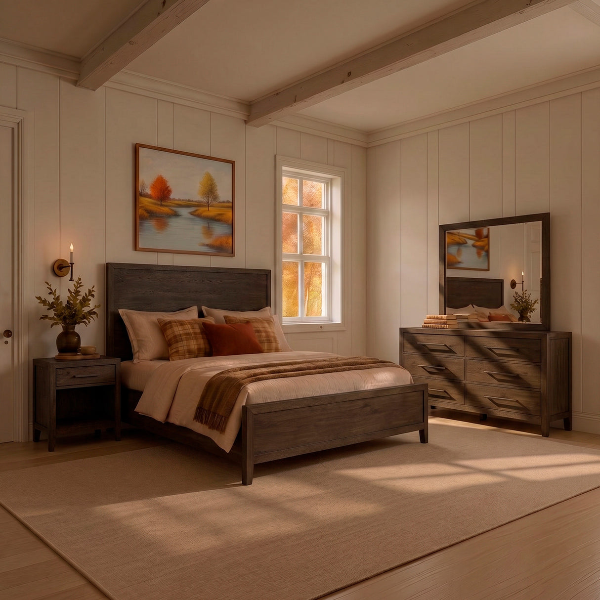 A room setting featuring Norwich Rustic Driftwood Oak Queen Panel Bed