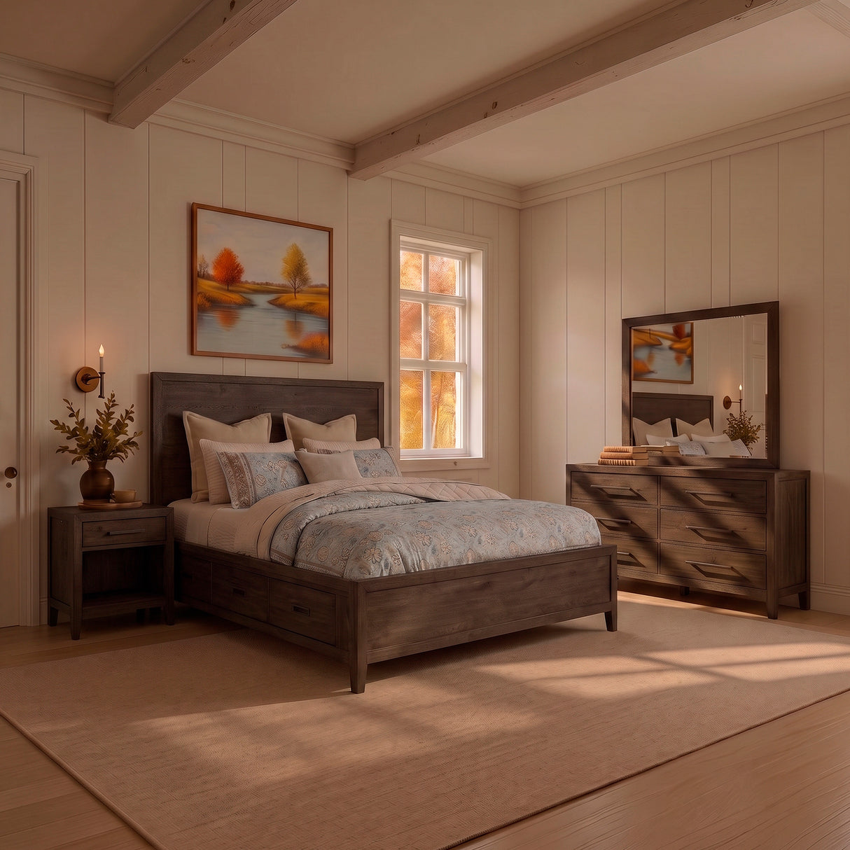 A room setting featuring Norwich Rustic Driftwood Oak Queen Storage Bed