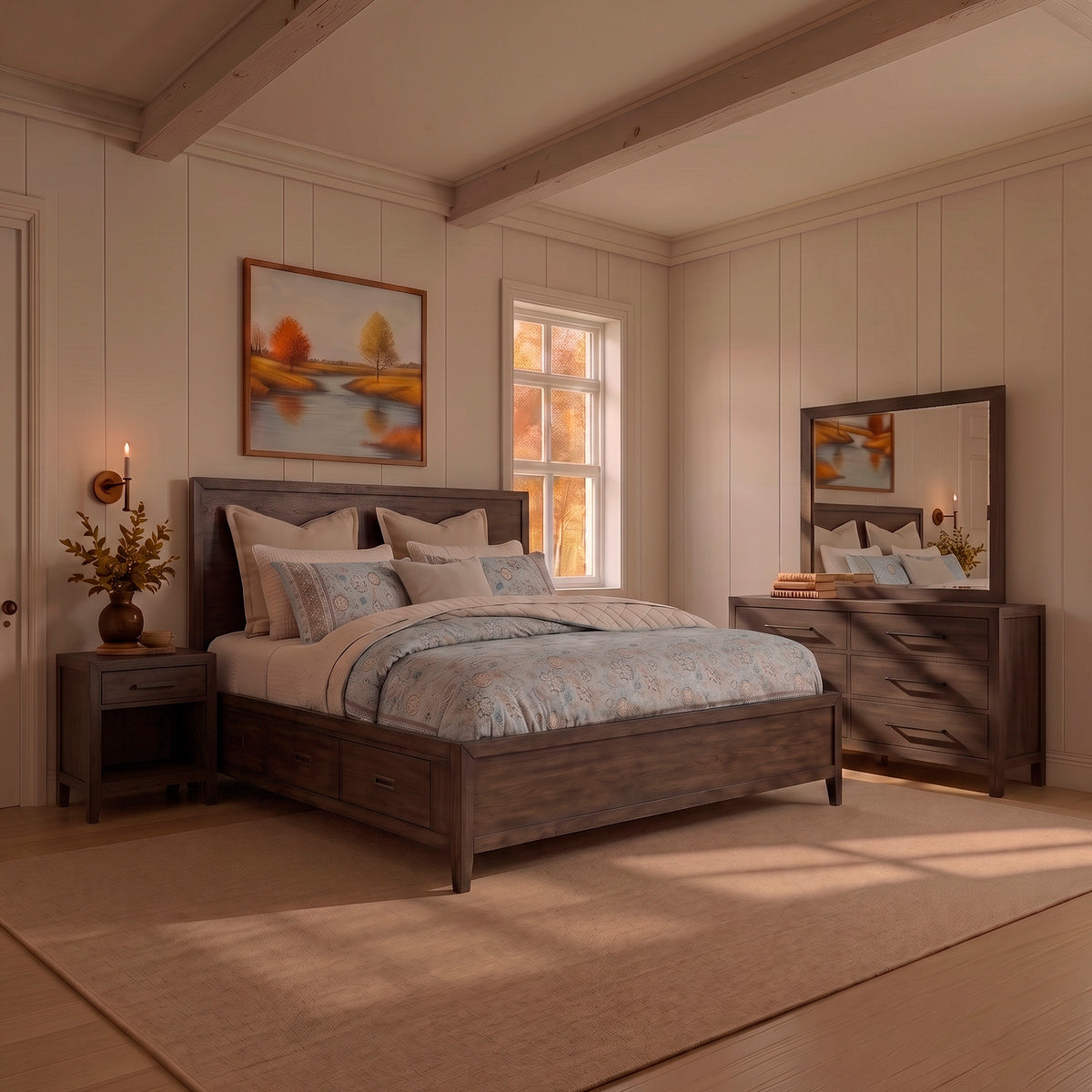 A room setting featuring Norwich Rustic Driftwood Oak King 4 Piece Storage Room Group