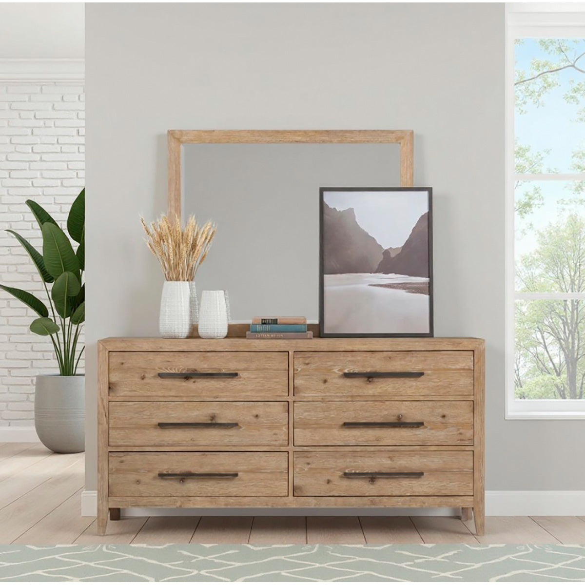 A room setting featuring Norwich Rustic Antique Oak 6 Drawer Dresser