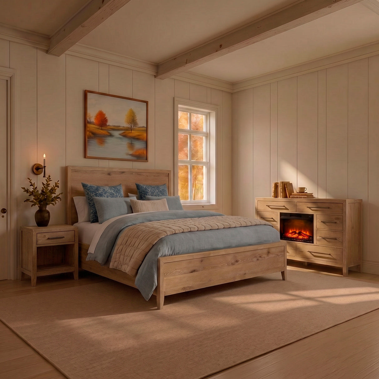 A room setting featuring Norwich Rustic Antique Oak King Panel Bed