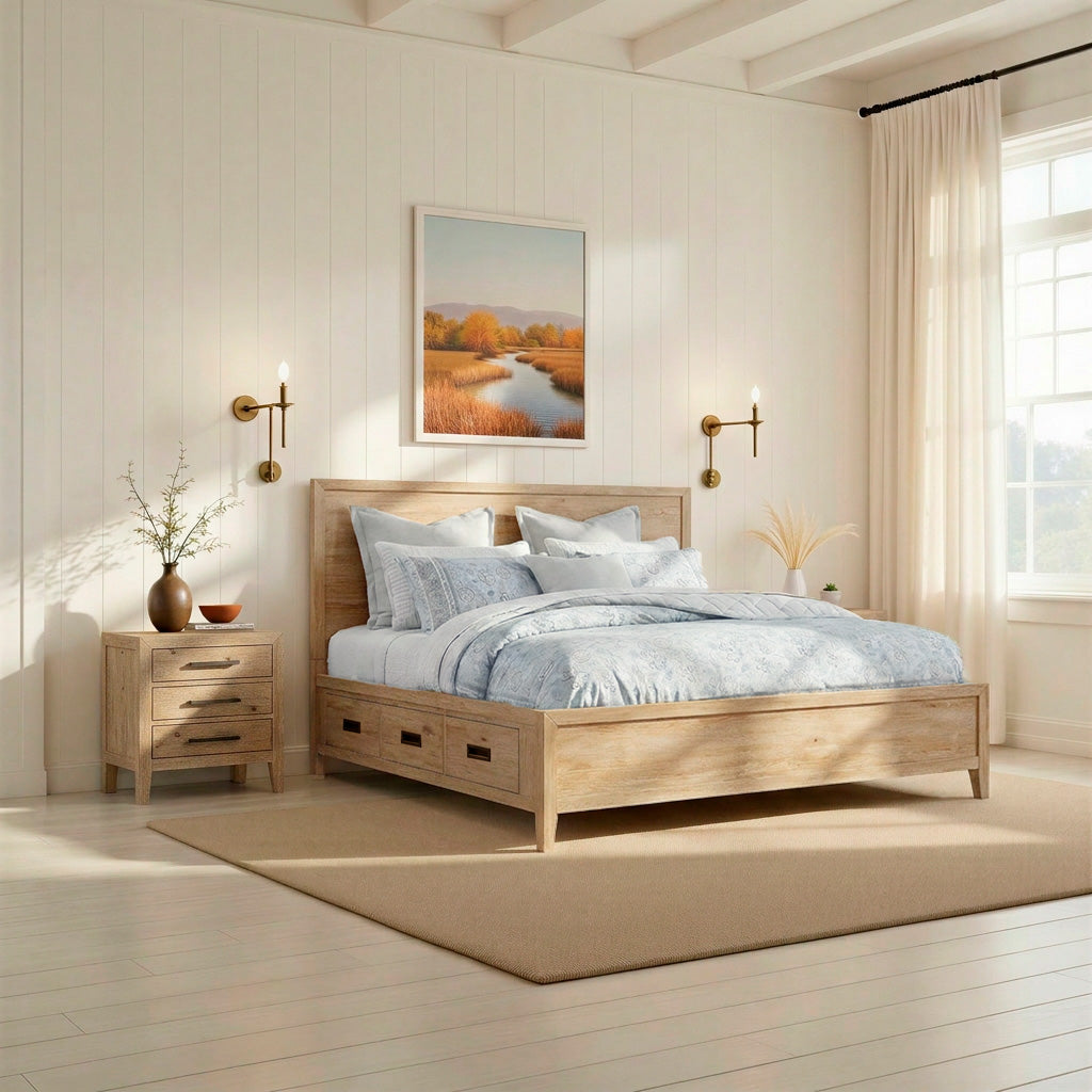 A room setting featuring Norwich Rustic Antique Oak King Storage Bed