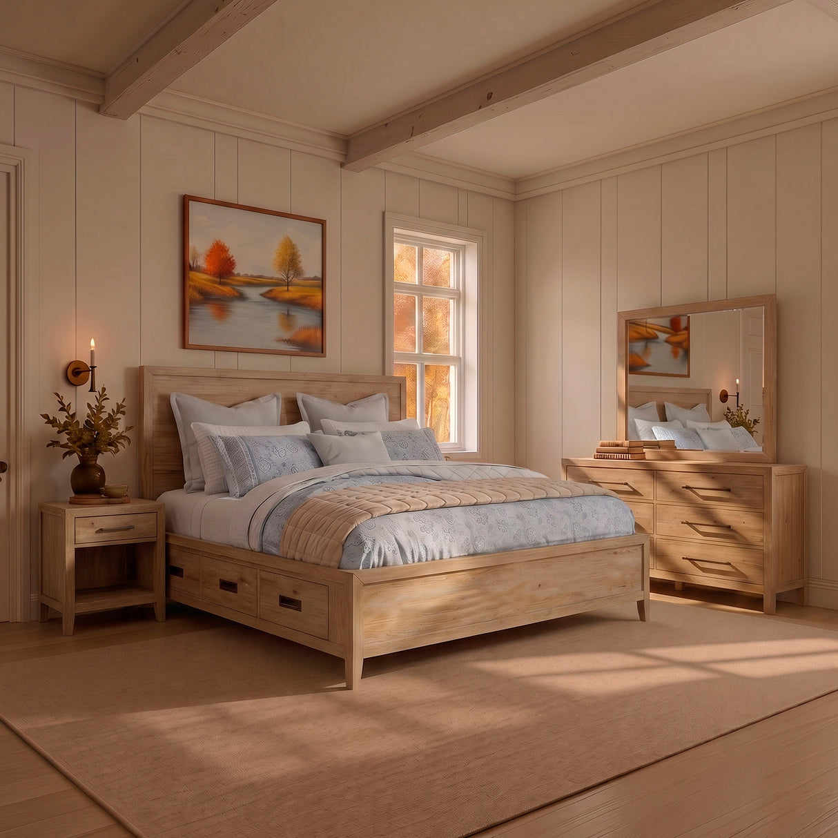 A room setting featuring Norwich Rustic Antique Oak King Storage Bed
