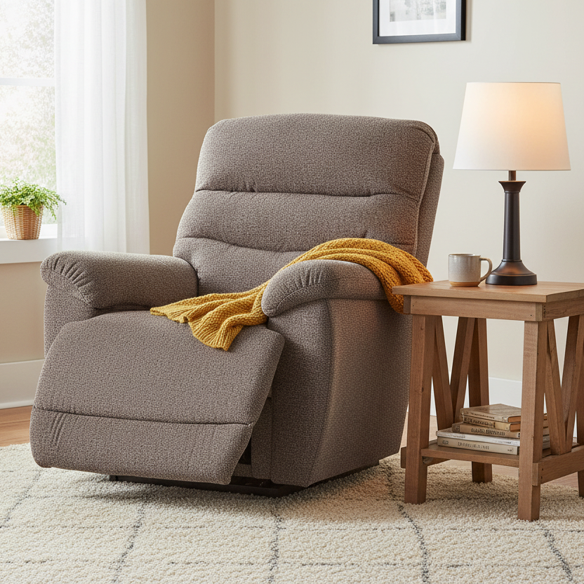 Gray recliner chair with a yellow blanket in a living room setting.