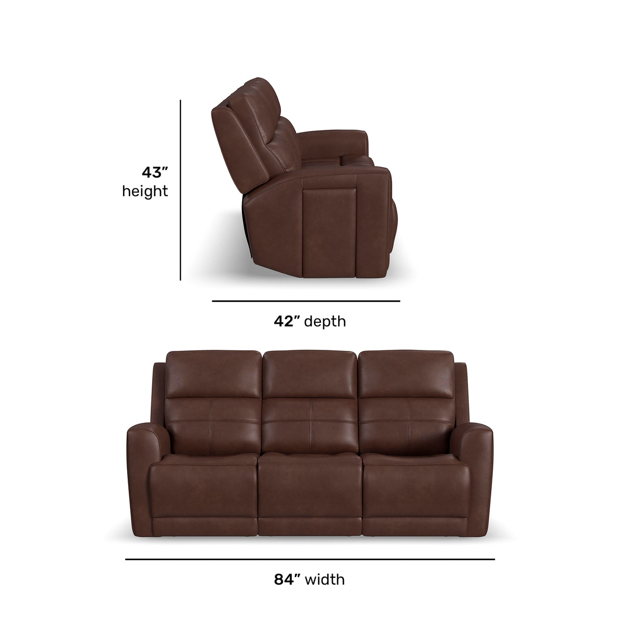 Detail image of Everest Rustic Brown Power Reclining Sofa with overlay of product dimensions
