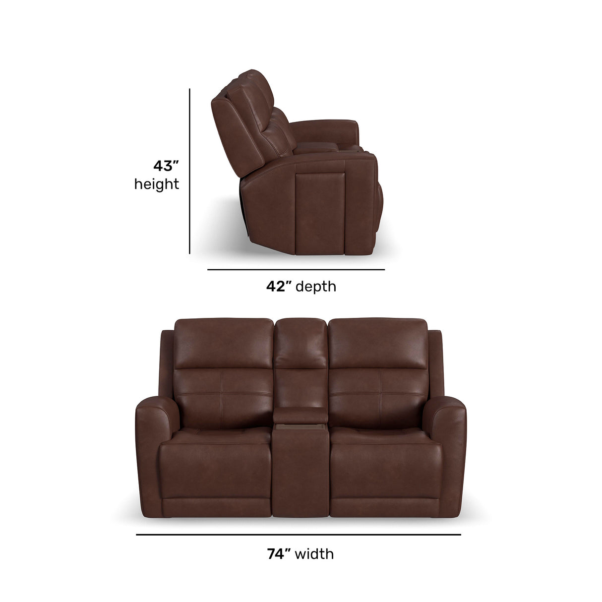 Detail image of Everest Rustic Brown Power Reclining Console Loveseat with overlay of product dimensions