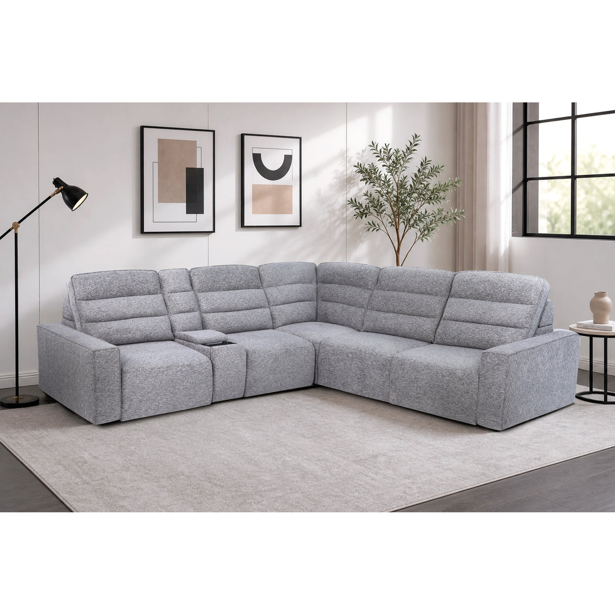 A room setting featuring Duncan Smoke 6 Piece Power Slider Chaise Sleeper Sectional