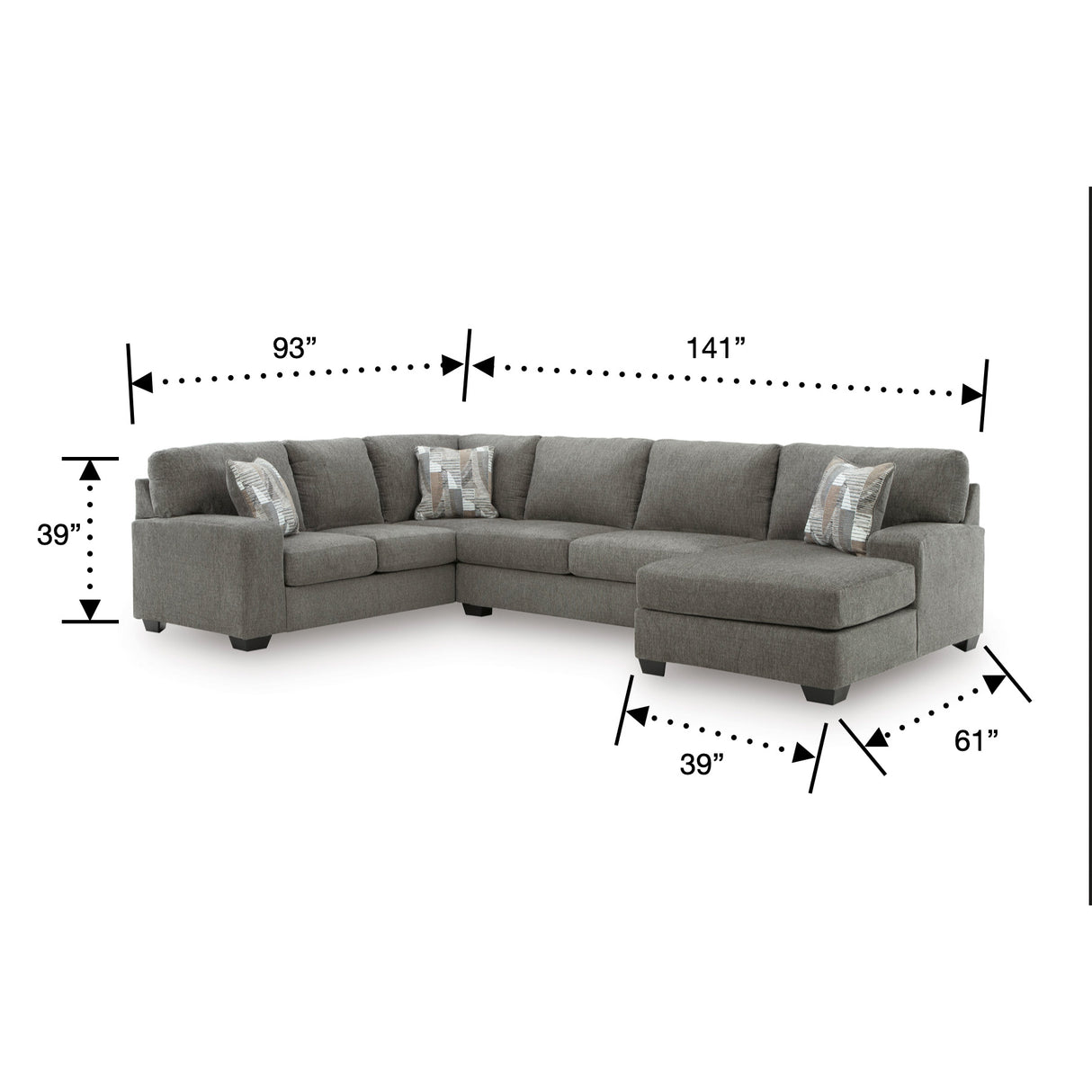 Detail image of Full Greystone Seyler Lane 3 Piece Right Chaise Sleeper Sectional with overlay of product dimensions