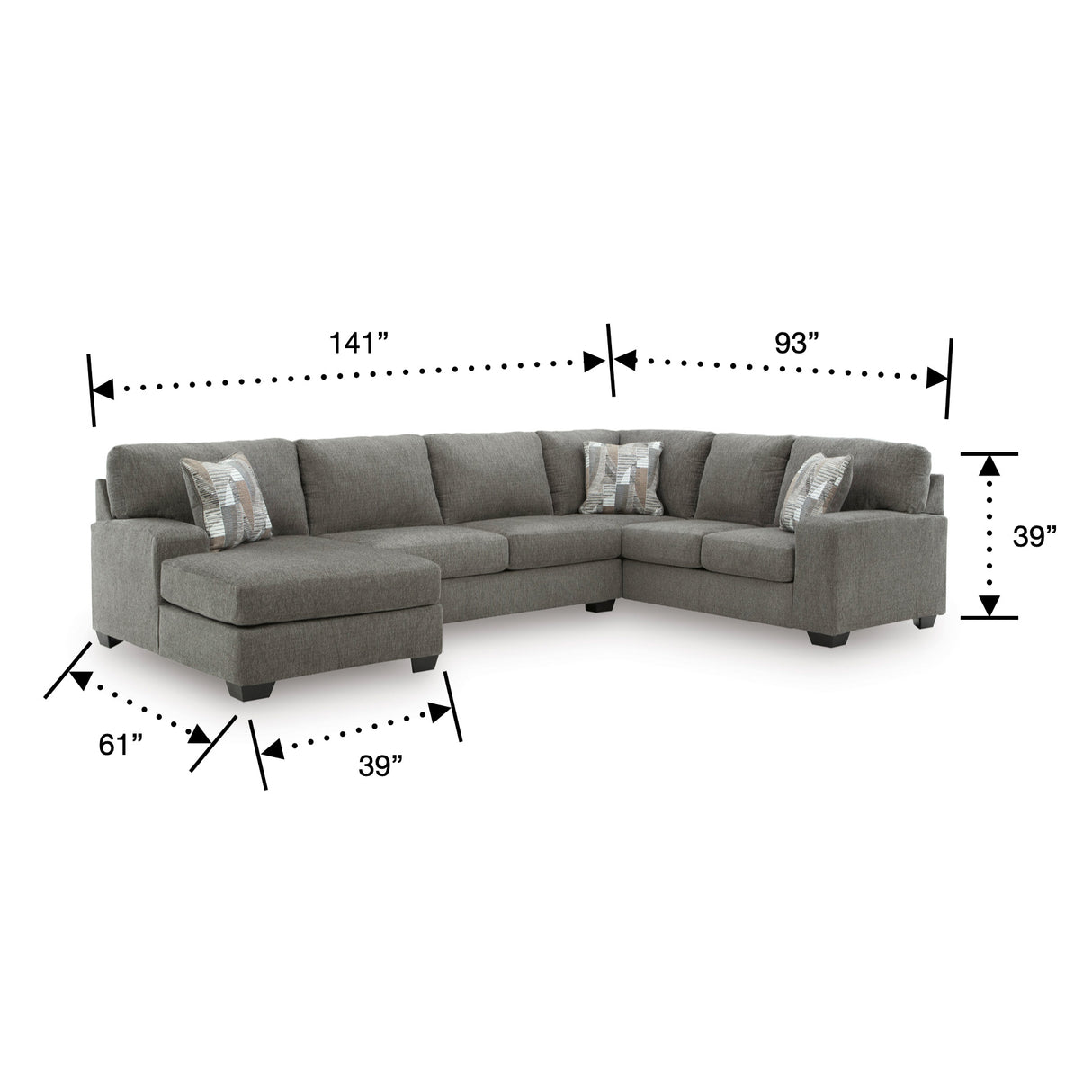 Detail image of Full Greystone Seyler Lane 3 Piece Left Chaise Sleeper Sectional with overlay of product dimensions