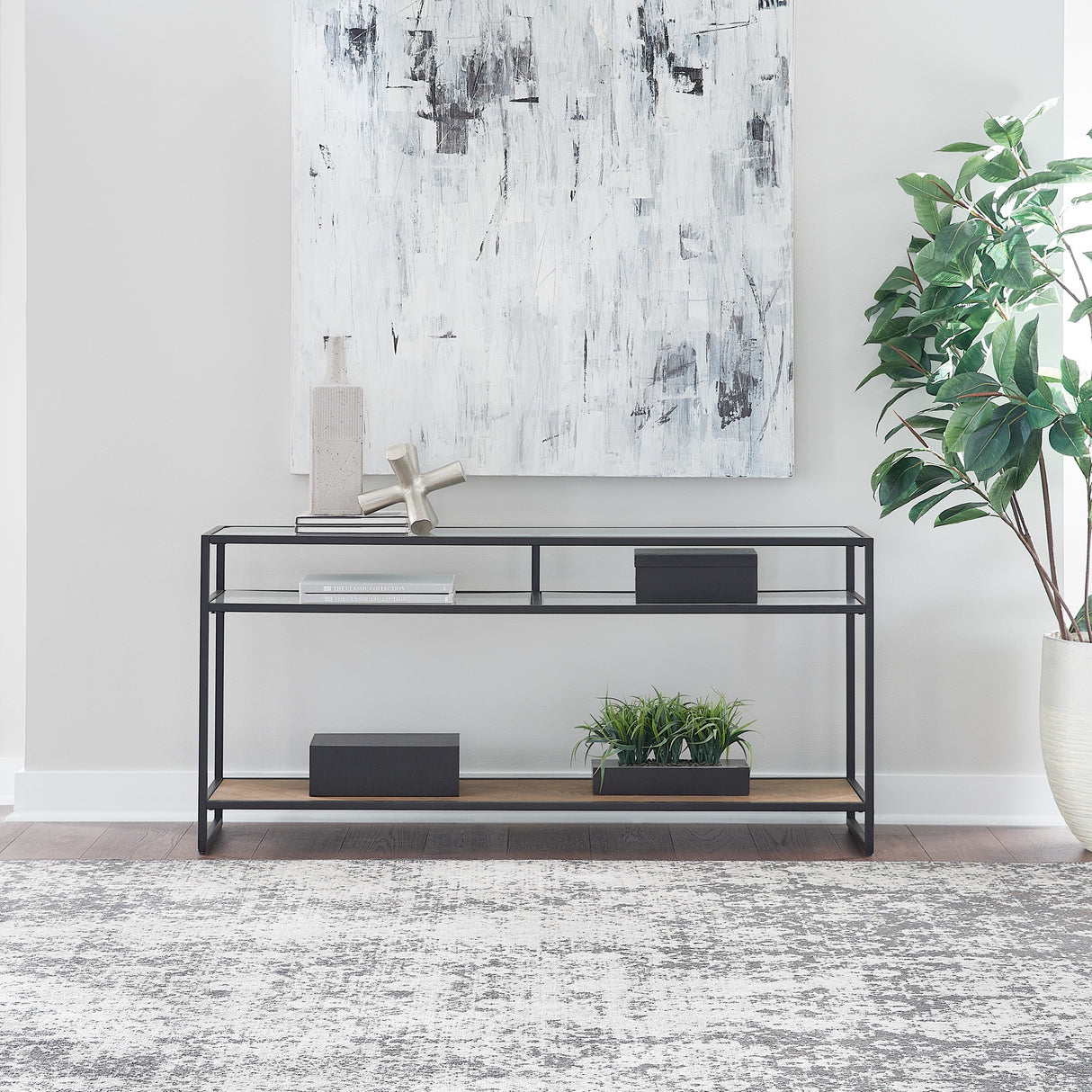 A room setting featuring Bedford Weathered Oak Sofa Table