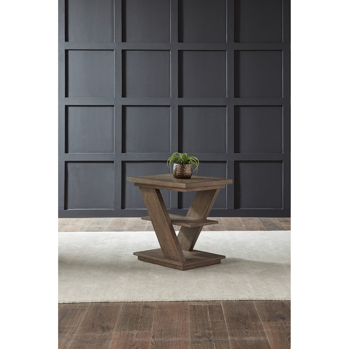 A room setting featuring Aspen Sky Saddle Brown Chairside Table