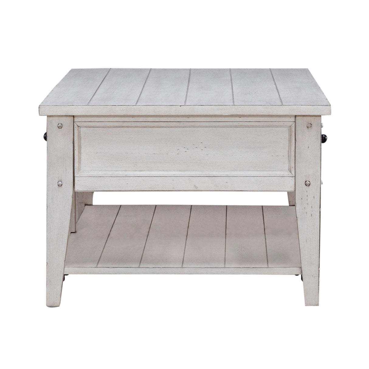 Side view of Lake House Weathered White Coffee Table