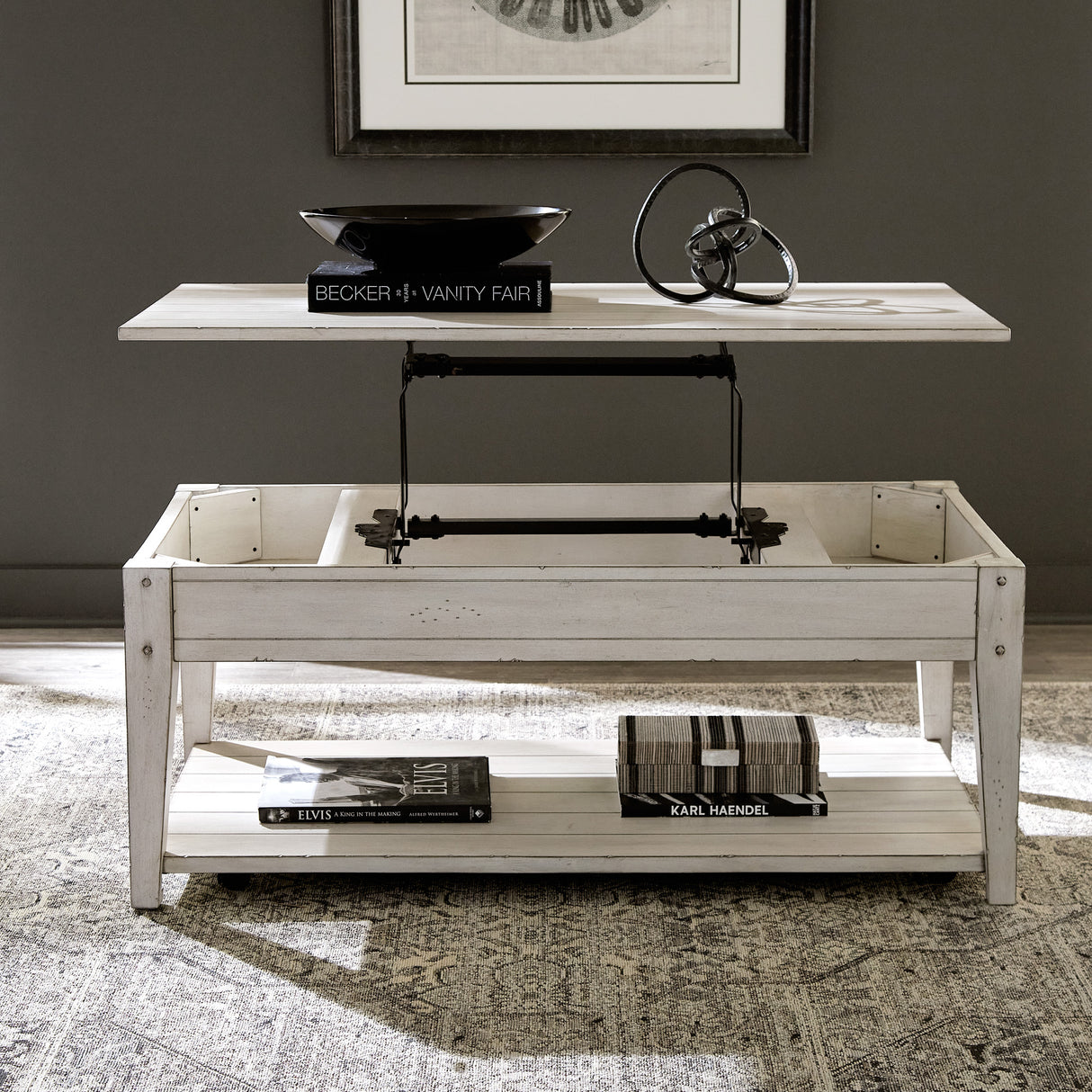 Room setting 2 featuring Lake House Weathered White Lift Top Coffee Table