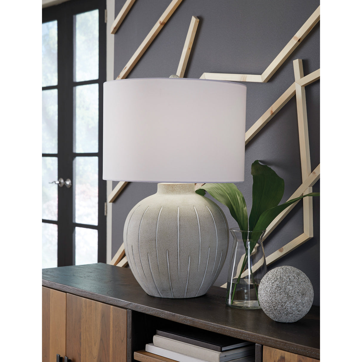 A room setting featuring Medium Lamps (20"-29") Gray Calbert Table Lamp