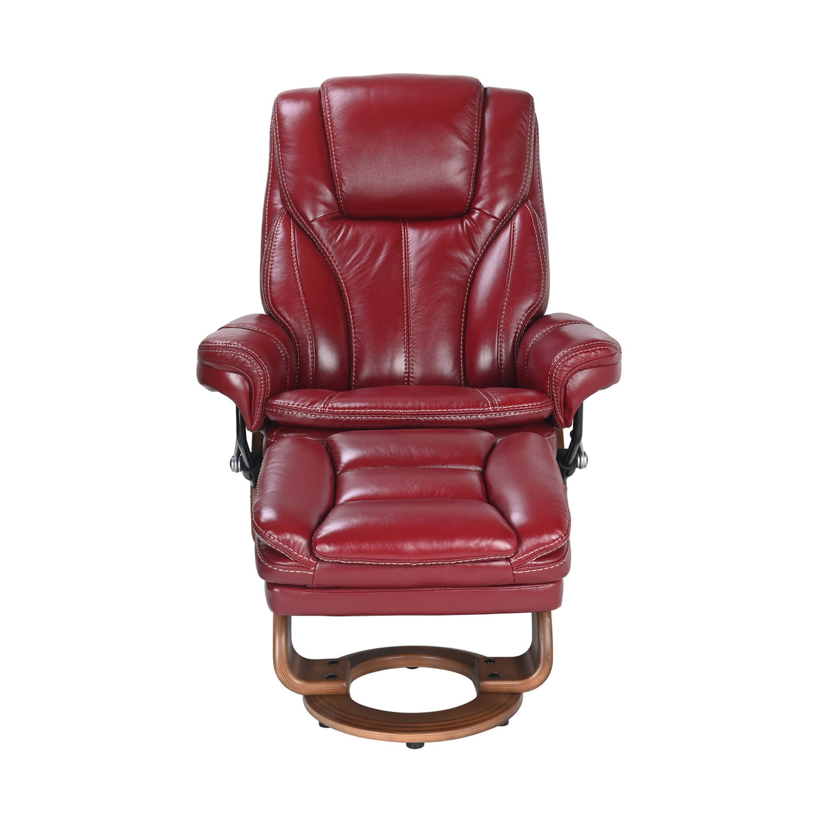 Front right view of Hana Ruby Red Recliner with Ottoman