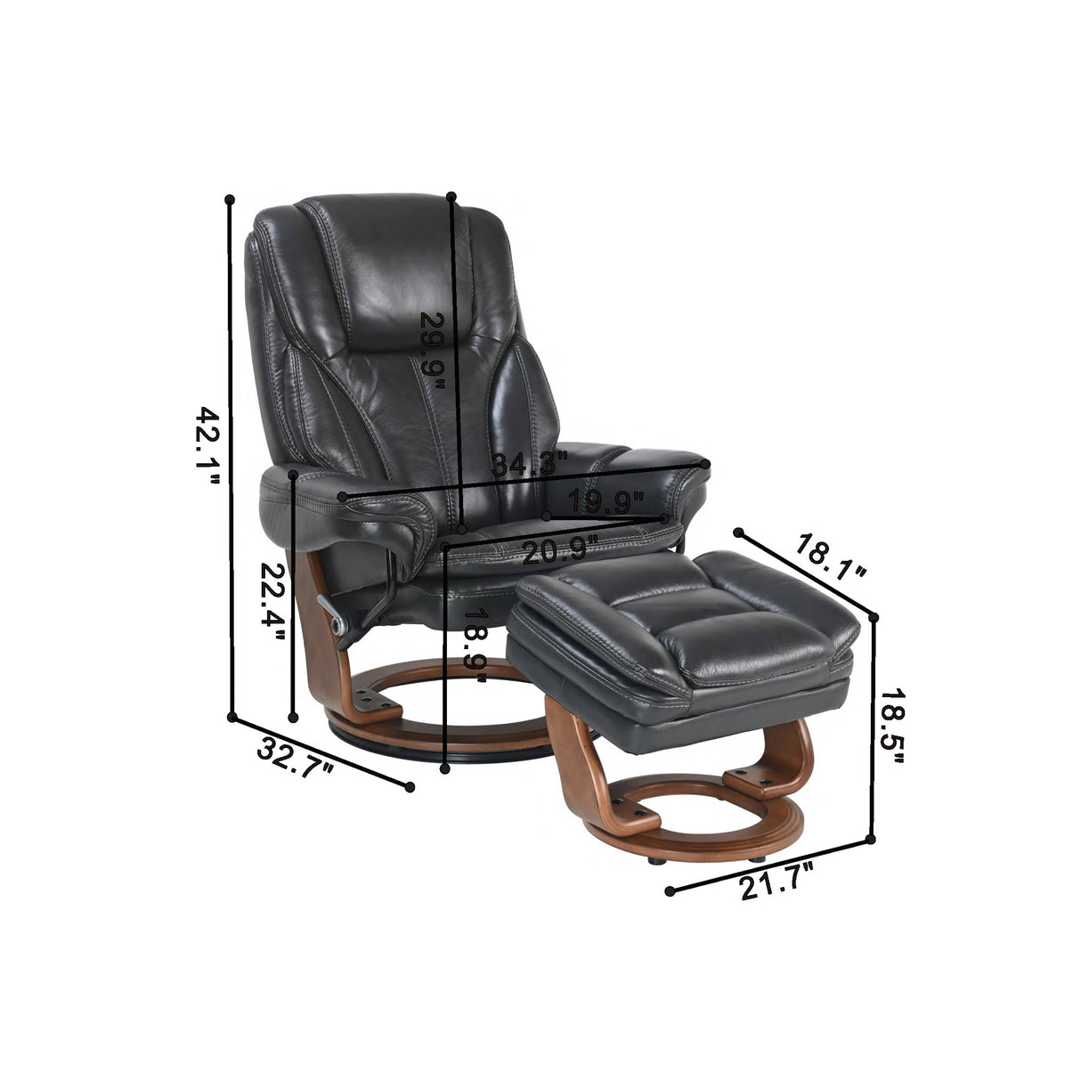 Detail image of Hana Charcoal Recliner with Ottoman with overlay of product dimensions