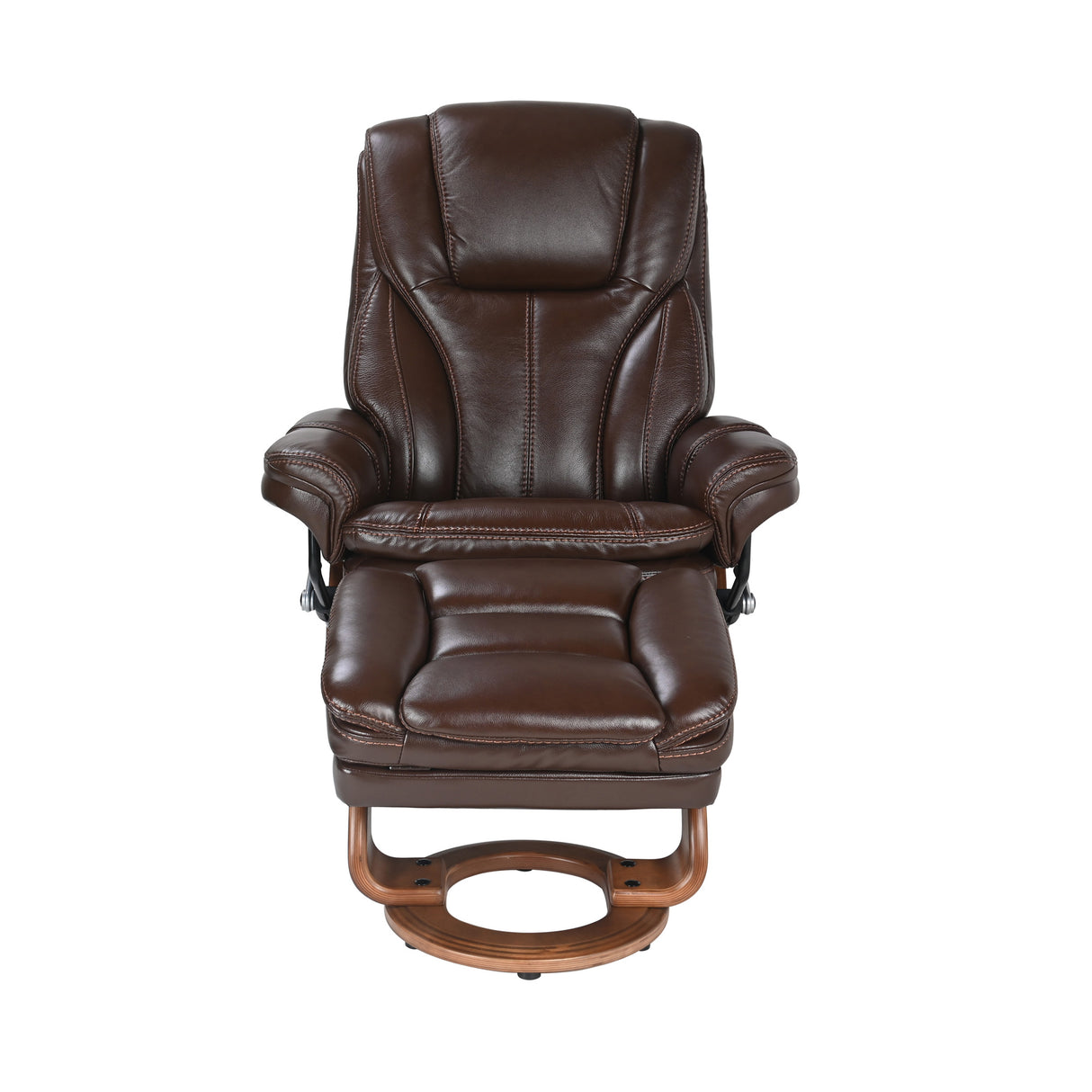 Front right view of Hana Chocolate Brown Recliner with Ottoman