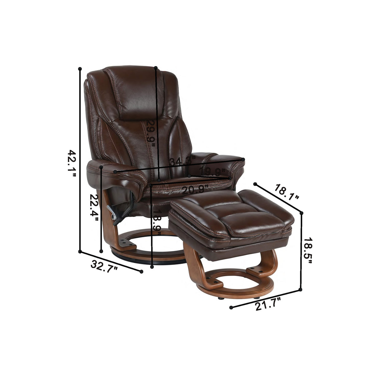 Detail image of Hana Chocolate Brown Recliner with Ottoman with overlay of product dimensions