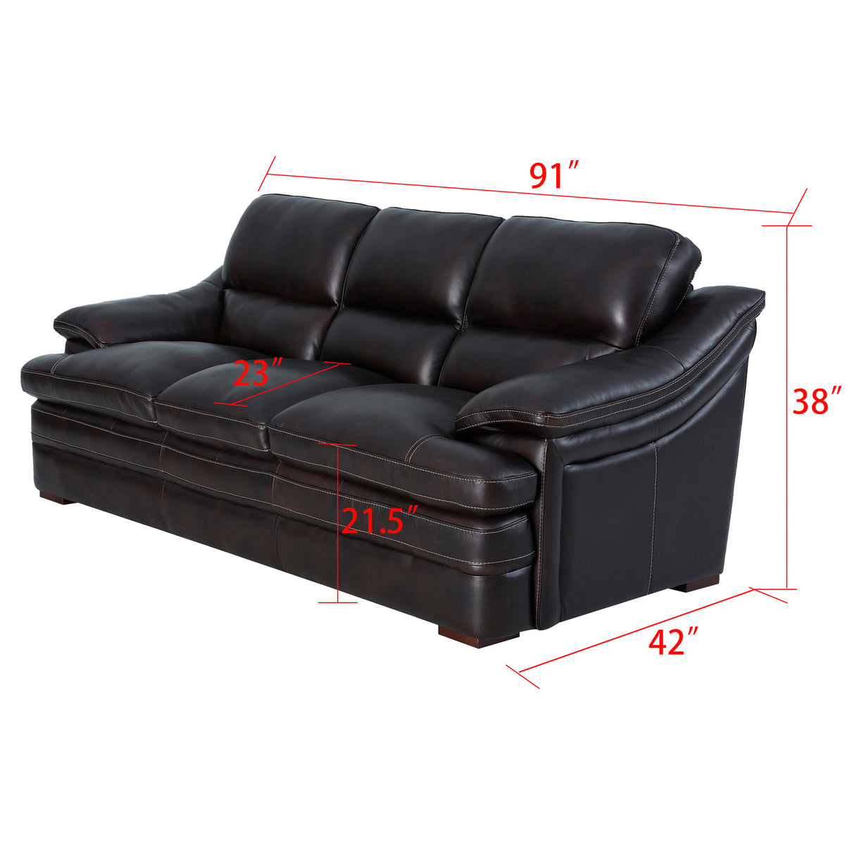Detail image of Ellsworth Dark Brown Sofa with overlay of product dimensions