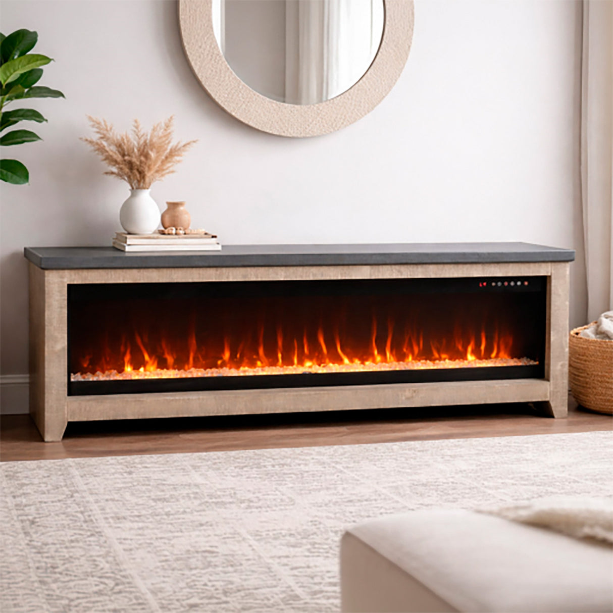 A room setting featuring Monterrey White Fir 80 Inch Fireplace Console