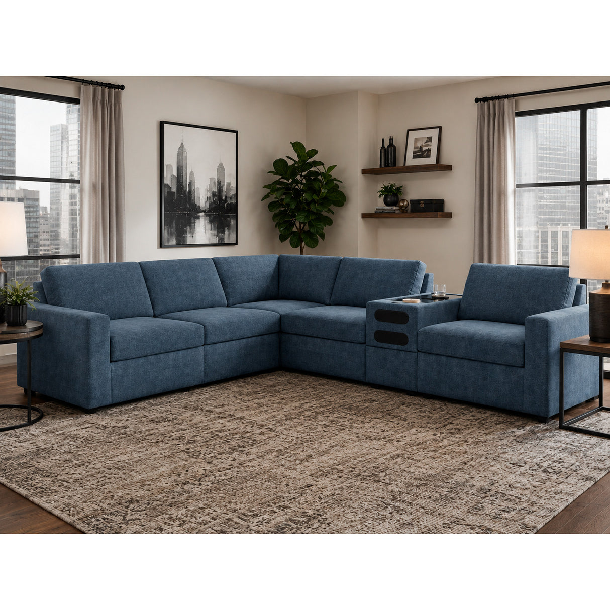 A room setting featuring Modmax Ink 6 Piece Sectional with Audio Console