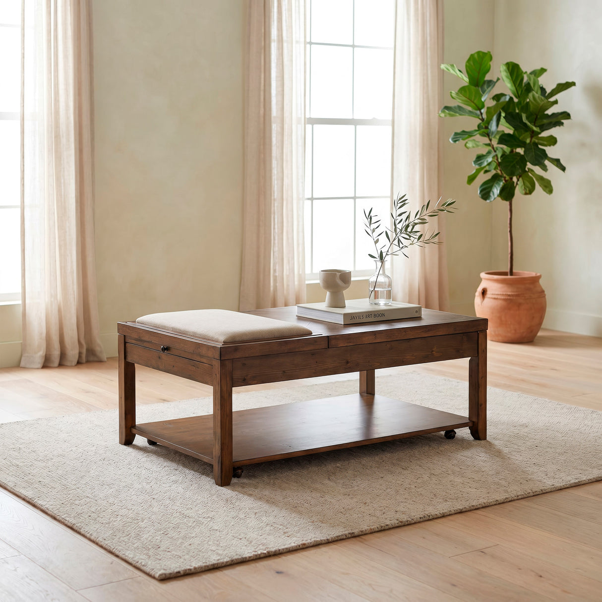 A room setting featuring Mitchell Nutmeg Lift Top Coffee Table
