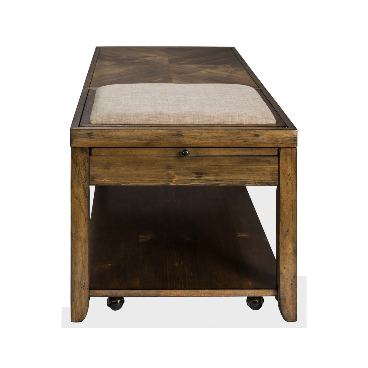 Side view of Mitchell Nutmeg Lift Top Coffee Table