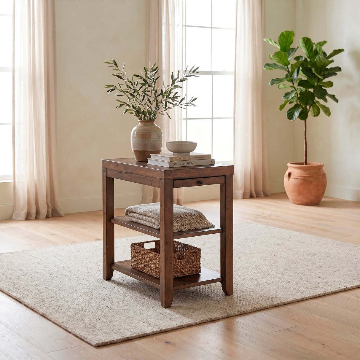 A room setting featuring Mitchell Nutmeg Chairside Table