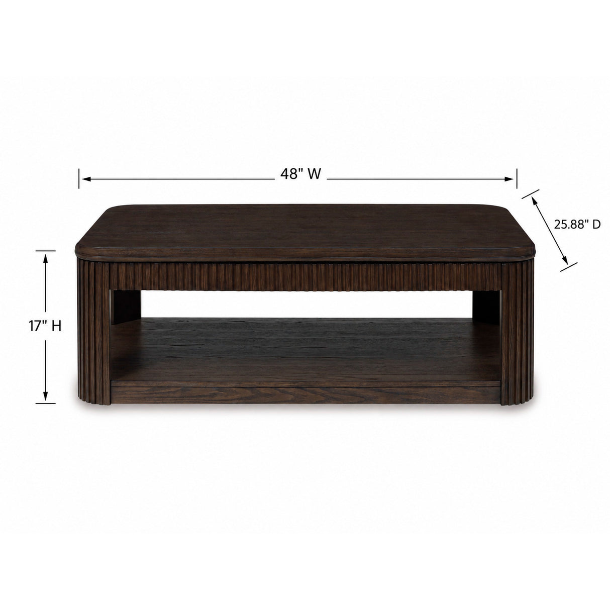 Detail image of Carlibrie Warm Brown Lift Top Coffee Table with overlay of product dimensions