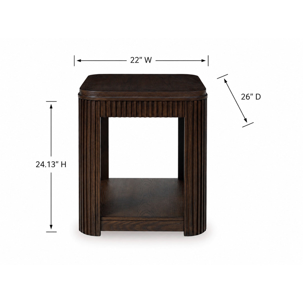 Detail image of Carlibrie Warm Brown Rectangular End Table with overlay of product dimensions