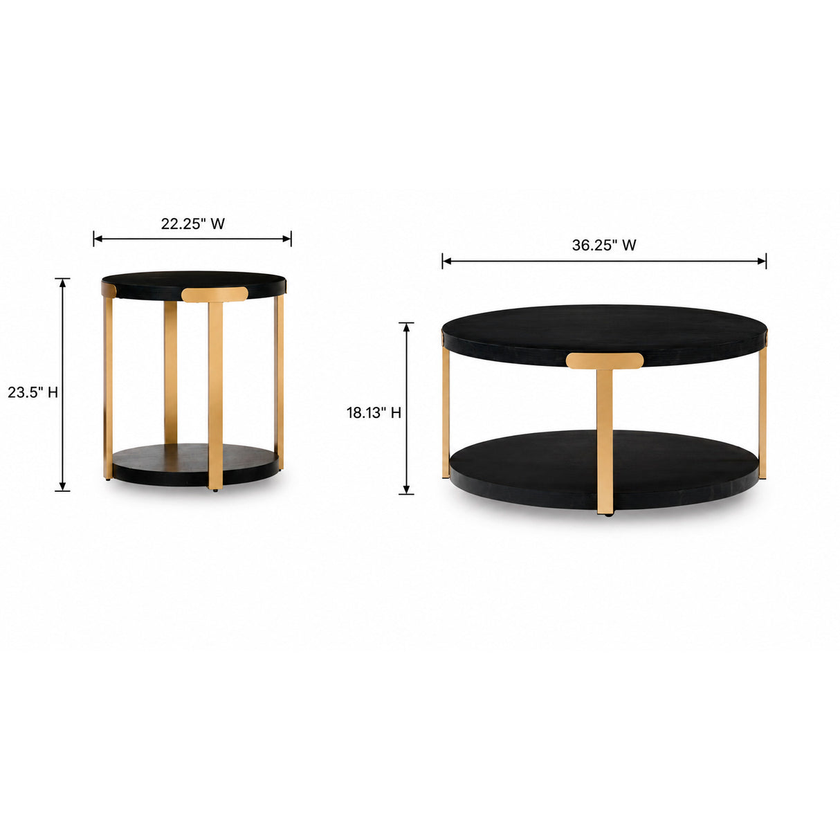 Detail image of Shylore Black Set of 3 Tables with overlay of product dimensions