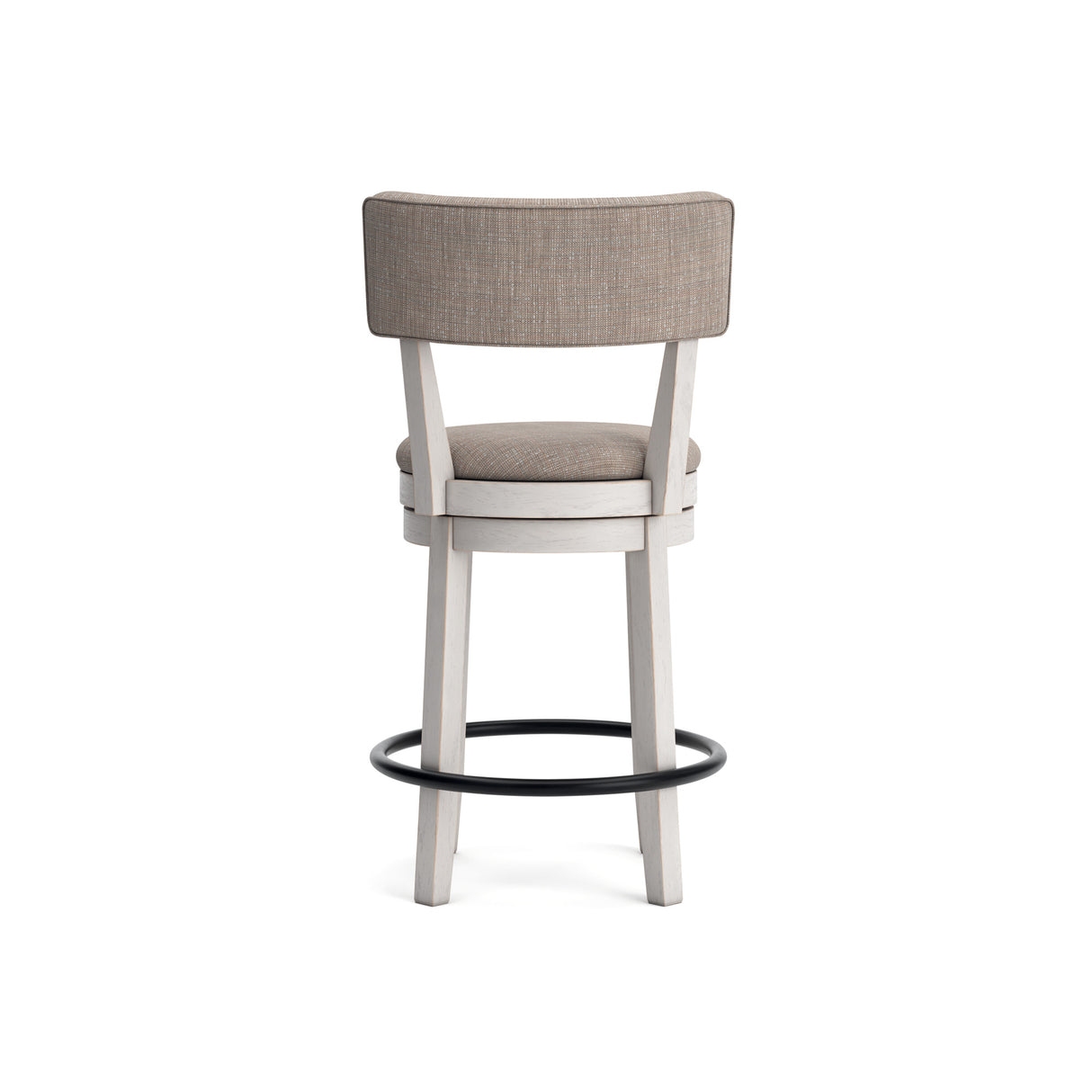 Back view of Robbinsdale Antique White Upholstered Swivel Open Back Counter Stool