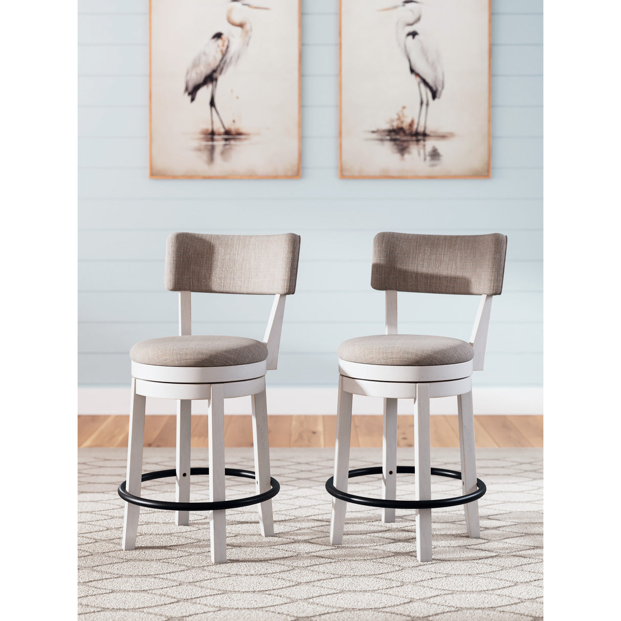 A room setting featuring Robbinsdale Antique White Upholstered Swivel Open Back Counter Stool