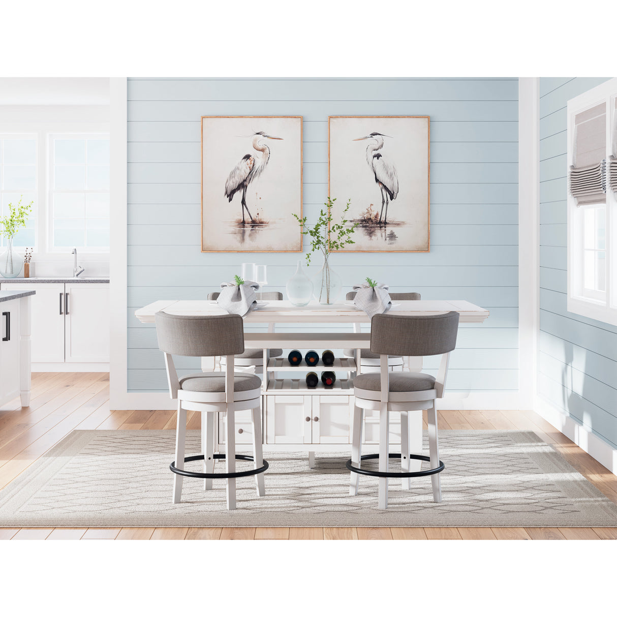 Room setting 2 featuring Robbinsdale Antique White Upholstered Swivel Open Back Counter Stool