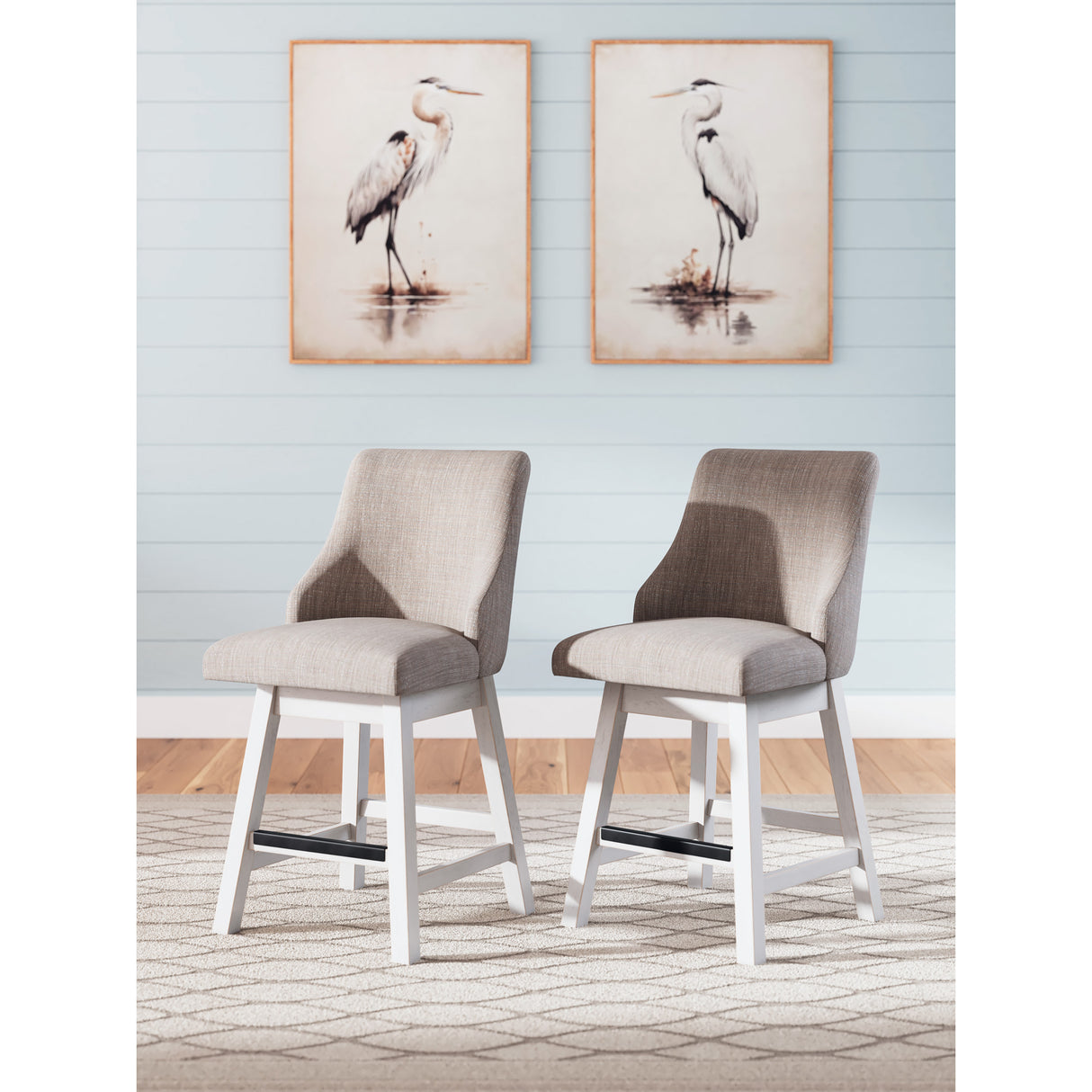 A room setting featuring Robbinsdale Antique White Upholstered Swivel Counter Stool
