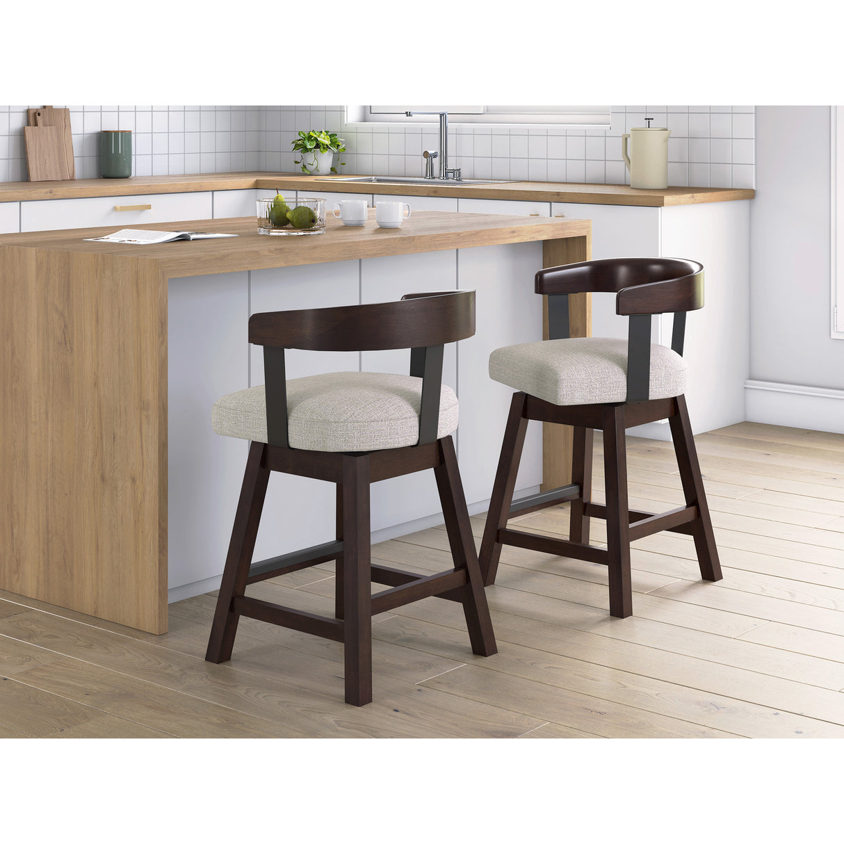 A room setting featuring Haddigan Dark Brown Swivel Counter Stool