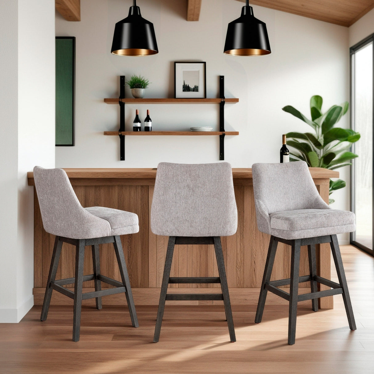 A room setting featuring Branson Gray Swivel Bar Stool
