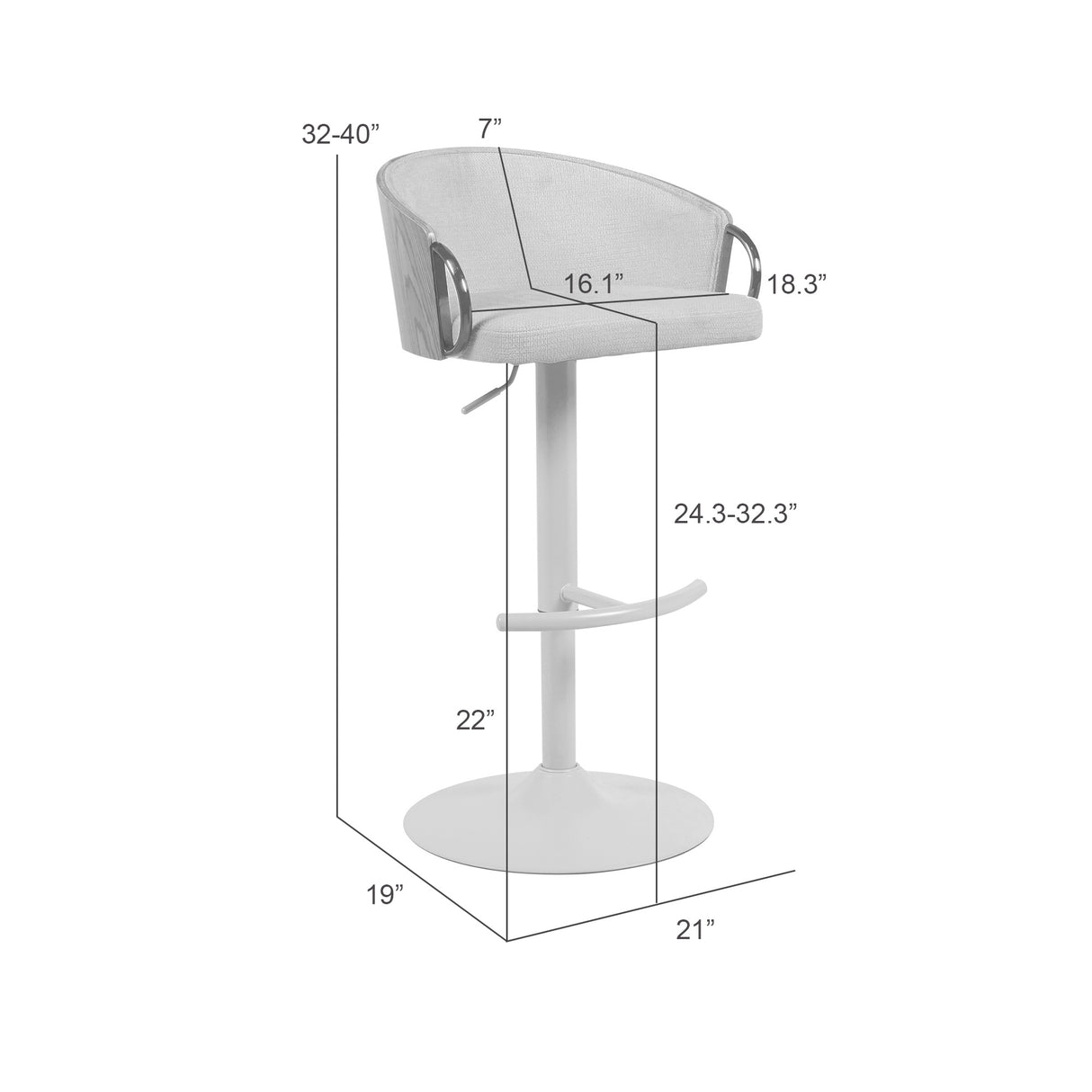 Detail image of Montego Black Adjustable Bar Stool with overlay of product dimensions