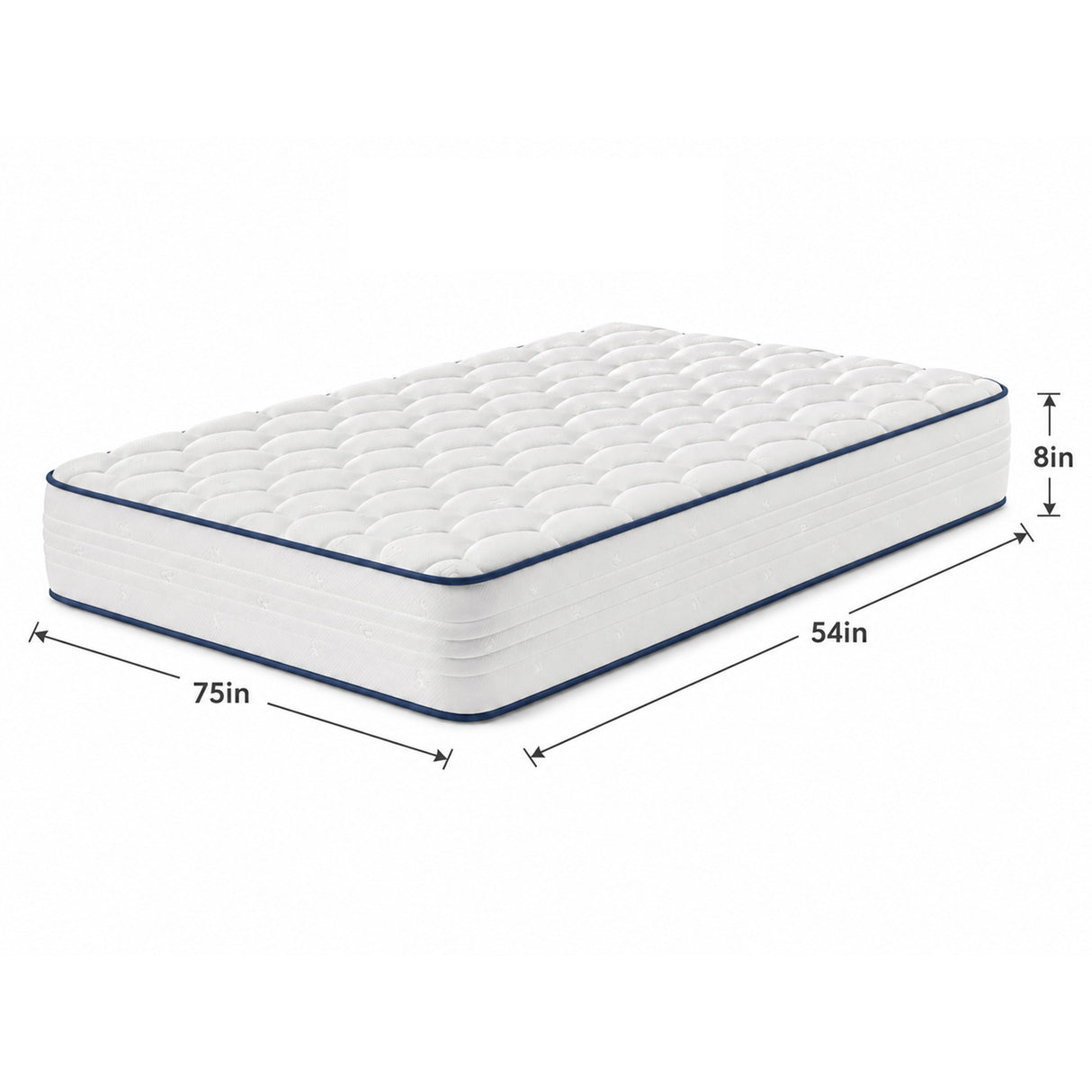Detail image of Luna Shift Plus 8 Inch Hybrid Full Mattress with overlay of product dimensions